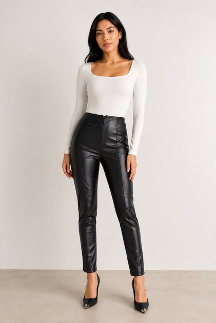Pantaloni de damă din piele neagră, cu talie înaltă, slim fit, cu picior îngust