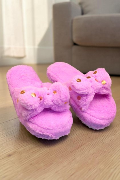 Women's Sequin Detailed Slippers. Plush House Slippers with Bow