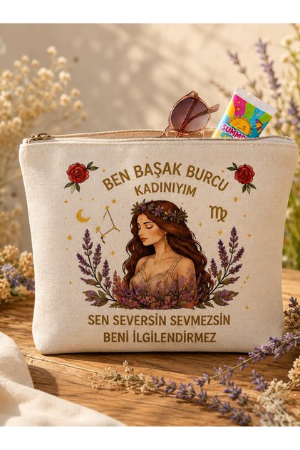 Başak Burcu Kadını Baskılı Keten El Çantası – Fermuarlı Makyaj , Plaj & Kozmetik Çantası