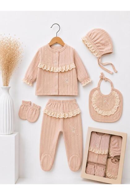 Baby Girl 100% Cotton 5-Piece Dragonfly Patterned Ruffle Hospital Discharge Set Boxed Gift 0-3 Months-Newborn
