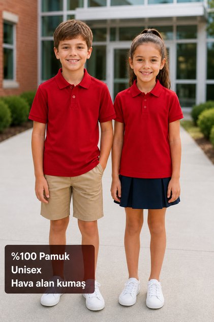 Red Unisex Children's School Polo T-Shirt 100% Cotton Short Sleeve Comfortable Fit