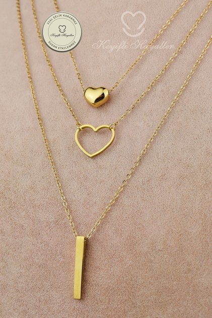 Triple Steel Necklace - Triple Heart and Bar 316L Steel Necklace, Non-Tarnish, Non-Fade