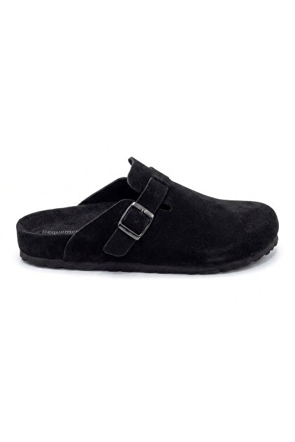 MK406 Siyah Hakiki Süet Deri Tam Kaplama Mantar Taban Tek Tokalı Unisex Ortopedik Sabo Terlik