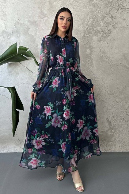 Navy blue floral chiffon dress