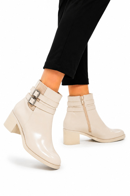 Short Heeled Zippered Women's Boots with Double Tape Detail Beige