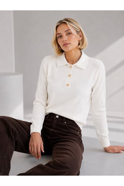 Women's Polo Collar Gold Button Detailed Knitwear Sweater