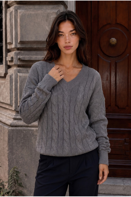 Alina Braided Hair V-Neck Women's Knitwear Sweater - Smoked