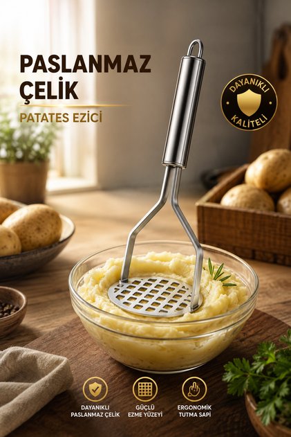 Paslanmaz Çelik Patates Ezici Profesyonel Metal Püre Ezici Ergonomik Saplı Mutfak Gereci