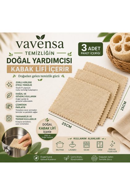 3'lü Kabak Lifi Temizlik Bezi 25x25 cm Doğal Çok Amaçlı Mutfak Bezi