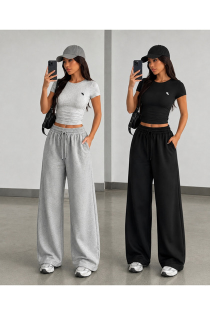 Winter 2-Piece Black and Gray Women's Cotton Sweatpants Set - Two Yarns Soft Textured