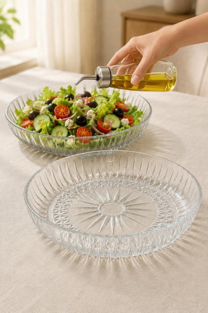 Glass Salad Bowl Set of 2 Star Patterned Round 24 cm Salad Plate