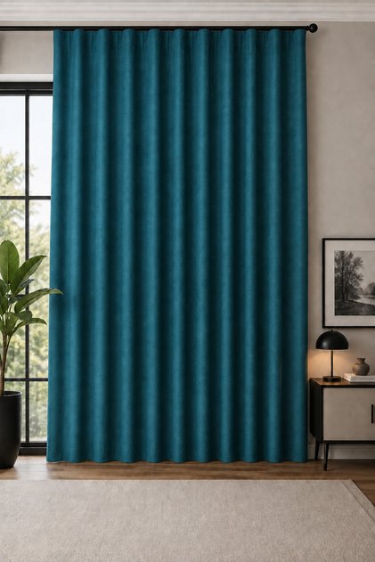 Petrol Blue Velvet Textured Adafon Background Curtain, Stylish Appearance, Soft Texture, Cornice Compatible Decorative Living Room Curtain