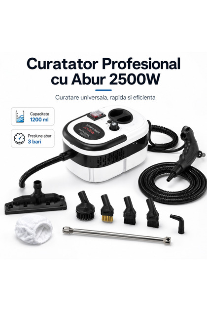 Curatator Profesional cu Abur Engros, 2500W, Presiune 3 Bari, Rezervor 1200 ml, Temperatura Peste 105°C, Furtun 2.2 m, Accesorii Incluse