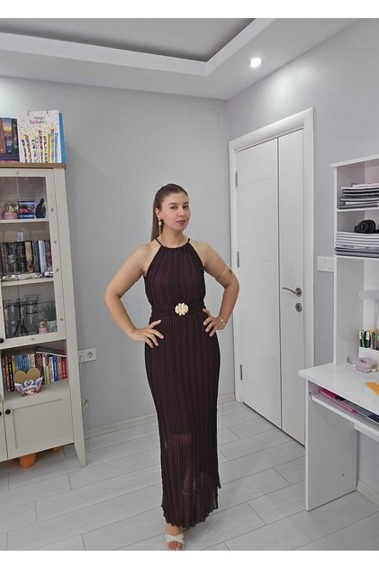 Halter Neck Pleated, Lined, Belted, Buckle Detailed Slit Dress