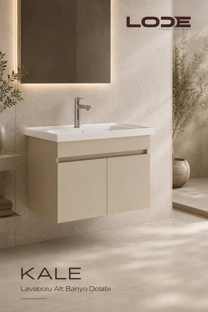 KALE 80Cm Kumtaşı Demonte Lavabolu Alt Banyo Dolabı, Seramik Lavabo Dahil