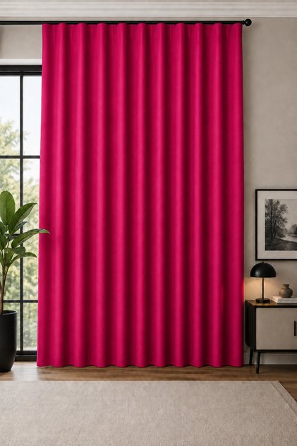 Fuchsia Velvet Textured Adafon Background Curtain, Stylish Appearance, Soft Texture, Cornice-Compatible Decorative Living Room Curtain