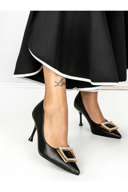 Pantofi stiletto negri din piele ecologica Cinren