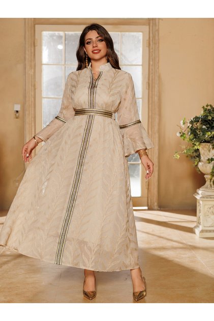 Elegant Khaki Ankle-Length Jalabiya with Gold Embroidery