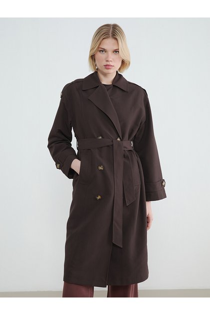 Brown Double-Breasted Collared Belted Women's Trench Coat