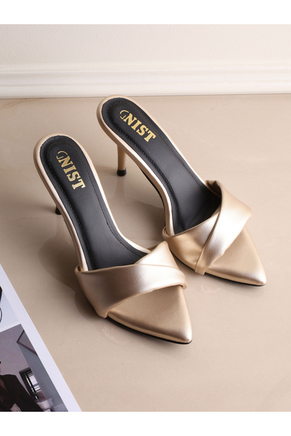 Gold Twisted Strap Mid-Heel Sandals