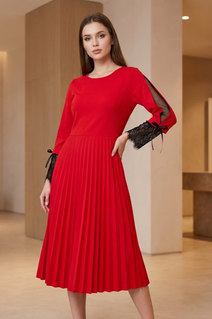 Rochie dama midi plisata cu mansete din dantela si slituri pe maneci decolteu rotund, A-122A