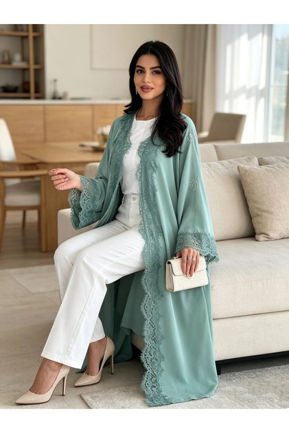 Mint Green Plain Abaya with Lace Trim
