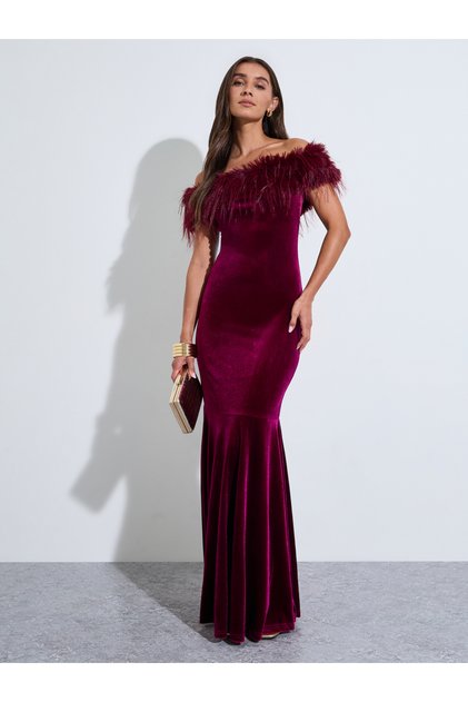 Off Shoulder Faux Fur Detail Mermaid Hem Maxi Dress