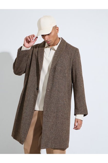 Men Brown Oversized Textured Buttoned Coat