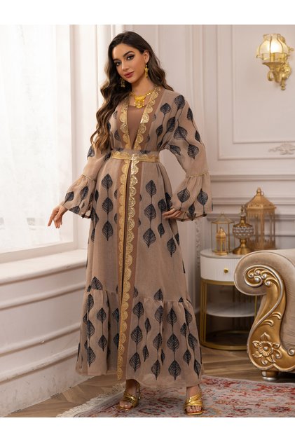 Khaki Printed Sequin Trim Abaya and Dress Set