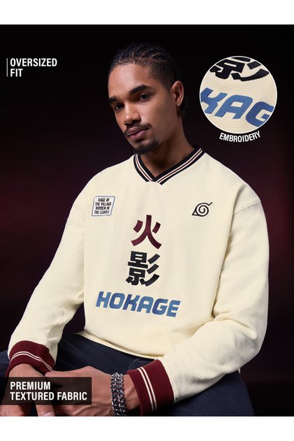 Men Naruto Hokage Embroidered V-Neck Oversized Fit Long Sleeve T-Shirt