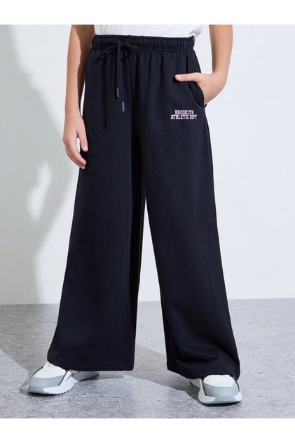 Teen Girls Black Slogan Print Wide Leg Pants