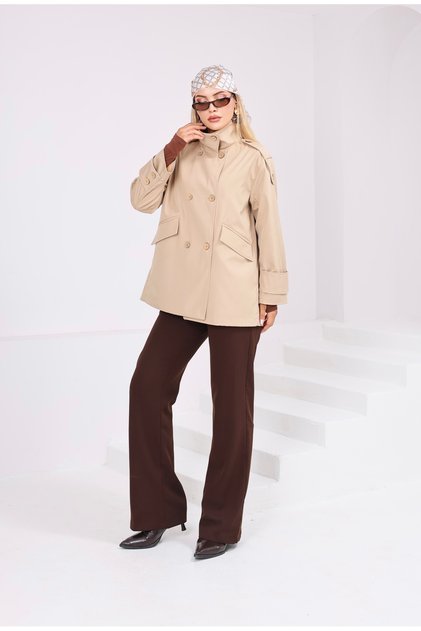 Women's Oversize Short Trench Coat Stand Collar Buttoned Pocket Trench Coat