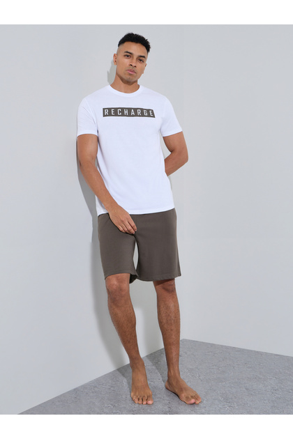 Multi-Color Slogan Print T-Shirt and Shorts Relaxed Fit Pyjama Set