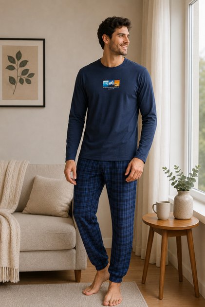 Men's Interlock Long Sleeve Cotton Plaid Bottom Pajama Set
