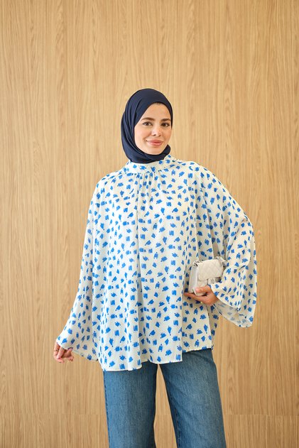Women's Double Color Patterned Blouse Blue