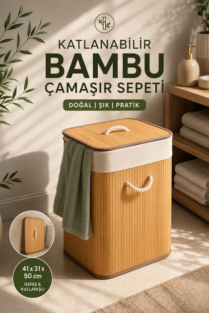 Katlanabilir Bambu Çamaşır Sepeti 41x31x50 cm Kapaklı Kumaş Astarlı Düzenleyici