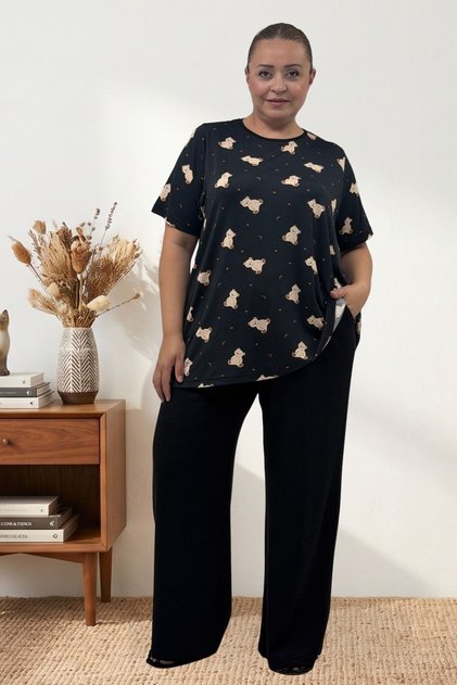 67809 Large Size Top Patterned Combination Milan-Modal Pajama Set - Teddy Bear Patterned
