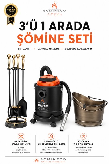 3’ü 1 Arada Şömine Seti – 1200W 18 L Kül Süpürgesi + Premium Gold Başlıklı Yuvarlak Şömine-Soba Maşa Takımı Aksesuar Seti + Büyük Boy Kül ve Odun Kovası