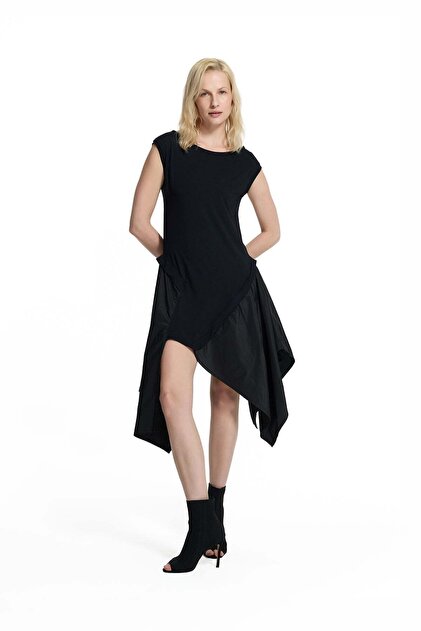 Black Asymmetrical Layered Midi Dress 19191