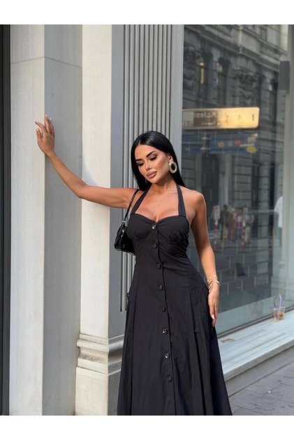 Women's Black Buttoned Halter Neck Poplin Maxi Dress Yel221731