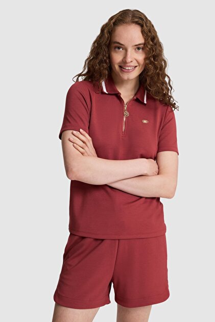 Women's Polo Collar Half Zip Cherry T-Shirt 50323481-Vr223
