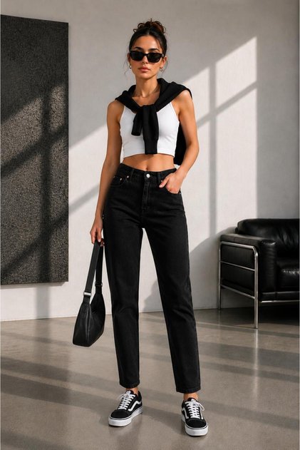 CRNE MOM JEAN PANTALONE SA VISOKIM STRUKOM