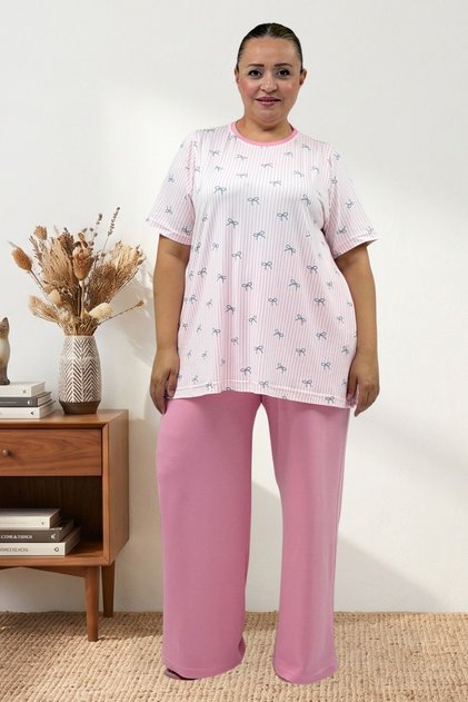 67809 Large Size Top Patterned Combination Milan-Modal Pajama Set - Anthracite Ribbon Patterned