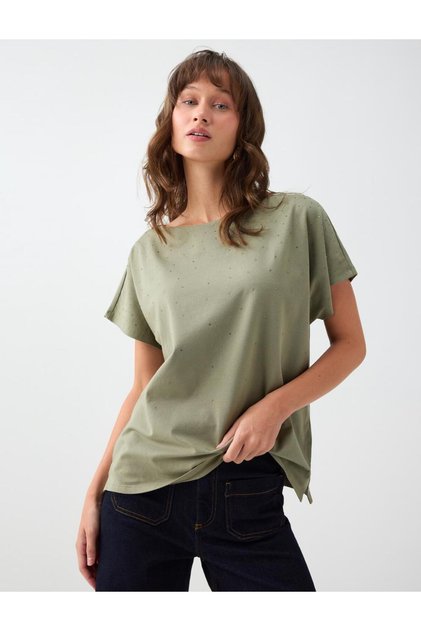 Khaki Loose Crew Neck Knitted T-Shirt