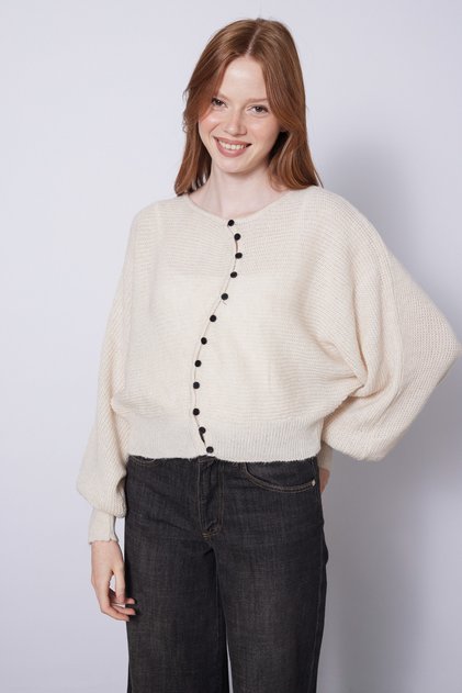 Asymmetric Buttoned Bat Sleeve Knitted Cardigan Stone