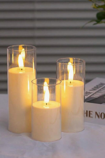 3'lü Pilli Led Işıklı Dekoratif Mum Masa Üstü Mum Led Işıklı Pilli 3'lü Mum Seti