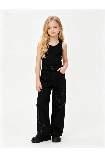 Kız Çocuk Yıldız Detaylı Siyah Wide Leg Jean Pantolon Bol Paça Kot Pantolon
