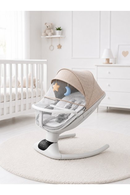 Leagăn electric 4-în-1 pentru bebeluși, 5 niveluri de balansare, Bluetooth, 10 melodii, Temporizator, Telecomandă, Plasă de țânțari, Bej
