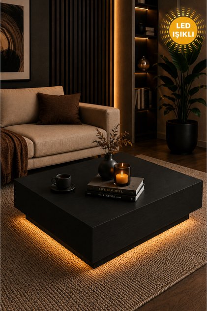 Nisay Led Işıklı Siyah Kare Orta Sehpa Yeni Nesil Modern Orta Sehpa Siyah Ahşap Sehpa