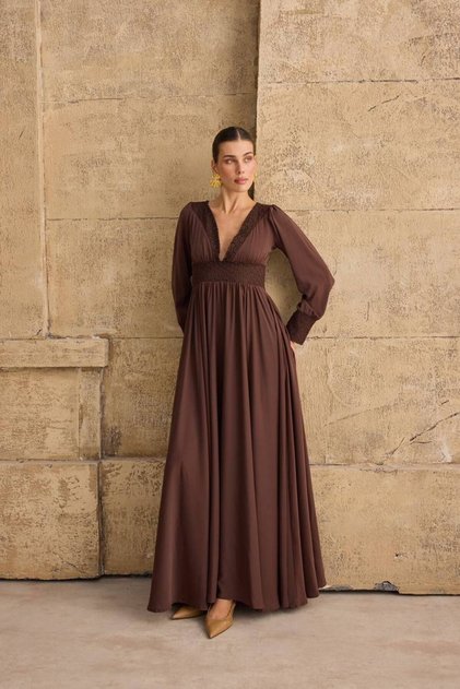 Women's Brown Lace Detailed V-Neck Maxi Dress